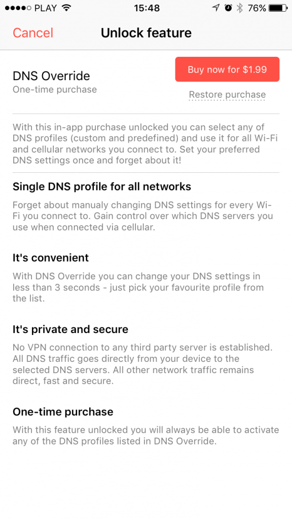 DNS Override in-app purchase