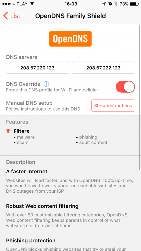 OpenDNS profile details